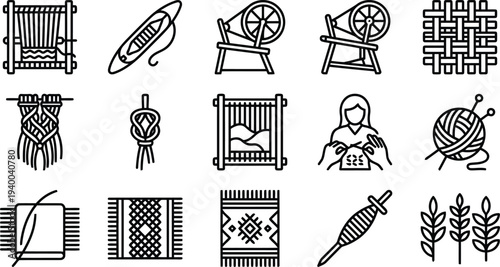 Collection of artistic line illustrations depicting various textile crafts and tools including looms yarn and knitting