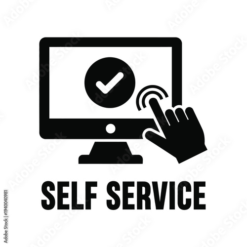 A black and white graphic depicts a hand interacting with a computer screen displaying a checkmark symbolizing self service high quality professional detailed modern