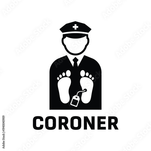 A stark black and white graphic depicts a coroner wearing a traditional cap with footprints and a tag below the figure high quality professional detailed modern