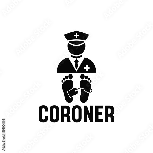 A stark black silhouette depicts a coroner examining footprints with the word coroner boldly displayed below high quality professional detailed modern elegant stylish clean