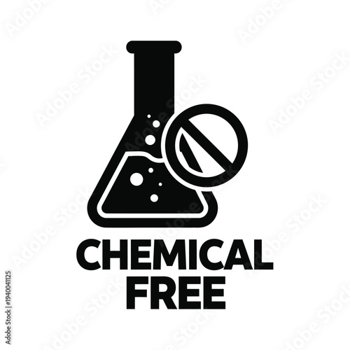 A stark black and white graphic depicts a laboratory flask with a prohibition symbol indicating a chemical free product or environment high quality professional detailed modern elegant