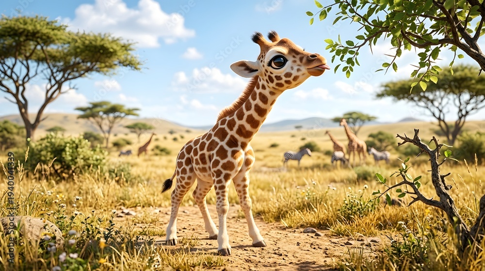 Obraz premium An adorable baby giraffe with big eyes reaching for leaves on a tree in a sunny African savanna with other wildlife in the background.