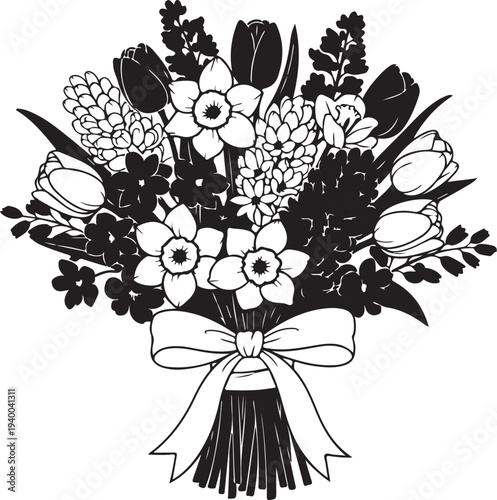 Beautiful bouquet of flowers with ribbon and bow decoration