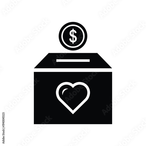 A simple black icon depicts a donation box with a heart symbol receiving a single dollar coin contribution high quality professional detailed modern elegant