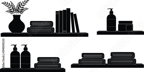 Minimalist bathroom shelf decor silhouette set, towels, soap dispenser, books and plant vase, modern home interior storage illustration