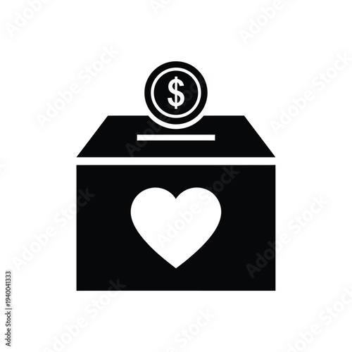 A simple black and white icon depicts a donation box with a heart shape and a falling dollar coin high quality professional detailed modern elegant stylish
