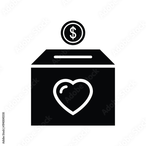 A simple black glyph depicts a donation box with a heart shape and a dollar coin on top symbolizing charity high quality professional detailed