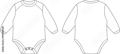 Baby onesie, long sleeves, snap closure, front view, back view, fashion CAD, garment sketch, apparel design, technical drawing, infant wear, textile silhouette, clothing template