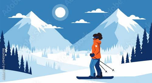 Winter Mountain Scenery Vector Illustration of a Person Skiing Downhill with Snow-Covered Peaks and Trees Under a Full Moon