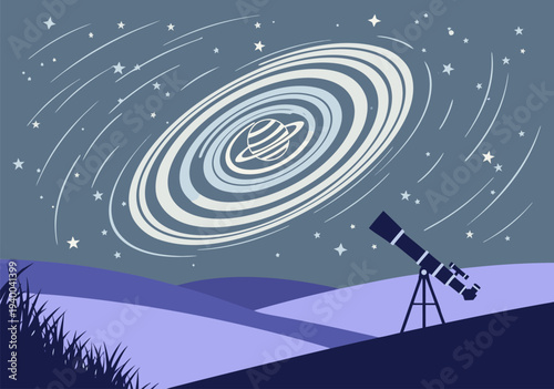 Vector illustration of Saturn and its rings in the night sky, viewed through a telescope