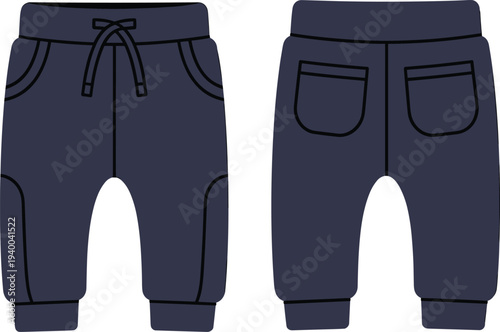 Baby jogger pants technical flat illustration front and back view kids casual wear apparel fashion design template