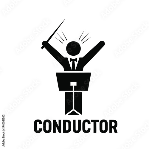 A stark black and white graphic depicts a conductor enthusiastically leading an orchestra with arms raised and baton in hand high quality professional detailed modern elegant