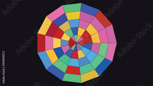 Stained glass-inspired mosaic art featuring vibrant, multicolored tessellation patterns in a circular geometric design, isolated on black