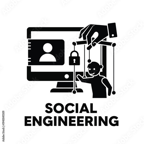 A stark black glyph depicts digital manipulation showing a hand controlling a person via a computer screen representing social engineering high quality professional detailed