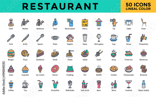 Restaurant icons set with chef, waiter, waitress, host, reservation, menu, bill, tip, glass, cup, ice cream, donut, pizza icon. Simple lineal color vector 
