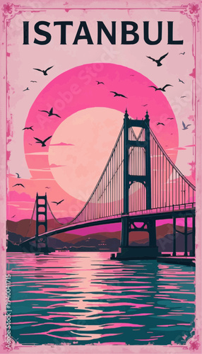 Vintage retro travel poster of the Bosphorus Bridge.4K poster.Typography ISTANBUL on top.Vector illustration. 

