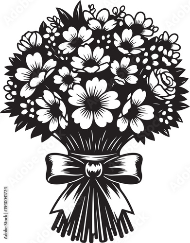 Bouquet of flowers with a ribbon tied around stem