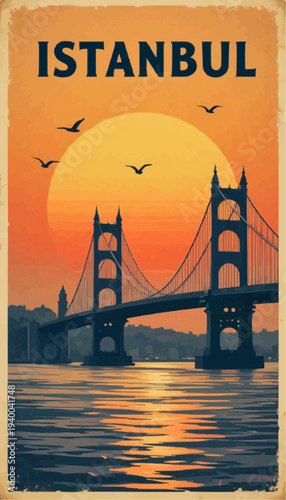 Vintage retro travel poster of the Bosphorus Bridge.4K poster.Typography ISTANBUL on top.Vector illustration. 

