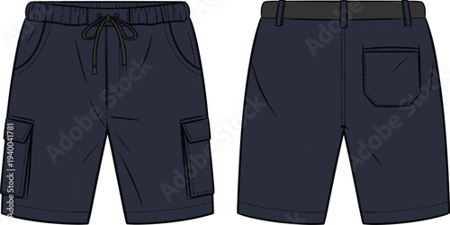 Cargo shorts, front view, back view, elastic waistband, drawstring closure, flap pockets, belt loops, fashion CAD, garment sketch, apparel design, technical drawing, menswear basics, stitching detai