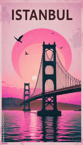 Vintage retro travel poster of the Bosphorus Bridge.4K poster.Typography ISTANBUL on top.Vector illustration. 

