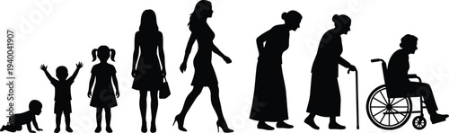 Collection of eight silhouettes showing female life stages from baby to elderly, vector illustration design for aging, growth, development, family, lifestyle, health, and generational concepts.