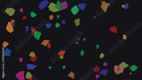 Stained glass inspired mosaic art with vibrant, multicolored geometric shapes scattered on a dark, dramatic background, abstract design