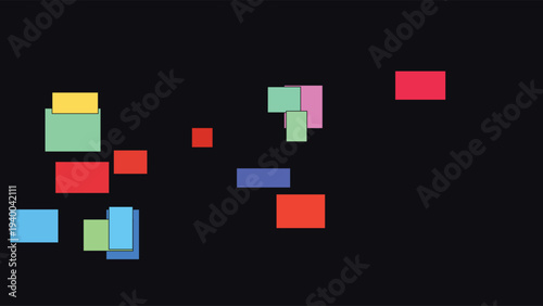 Stained glass inspired digital art with vibrant colored squares in a minimalist mosaic pattern on a black background