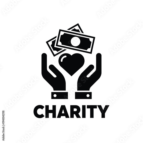 A black silhouette depicts two hands offering a heart and money symbolizing charitable giving and financial support high quality professional detailed modern elegant stylish