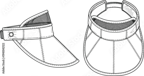 Sun visor cap front and side view line art vector illustration, summer sun hat accessory fashion design template