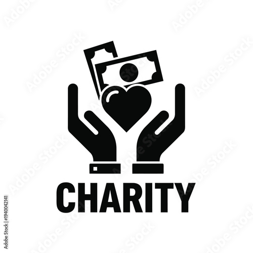 A black and white graphic depicts hands cradling a heart and money symbolizing charitable giving and financial support high quality professional detailed modern elegant
