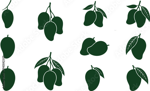 Collection of nine mango illustrations in different styles and groupings with leaves and stems, vector design for fruit, food, agriculture, tropical, healthy eating, and nature concepts.