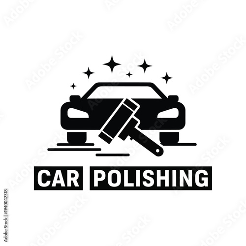 A sleek black silhouette of a car is depicted with a polishing tool above it accompanied by sparkling stars and text high quality professional
