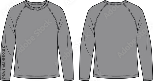 Long sleeve raglan sweatshirt technical flat illustration front and back view casual apparel fashion template design mockup