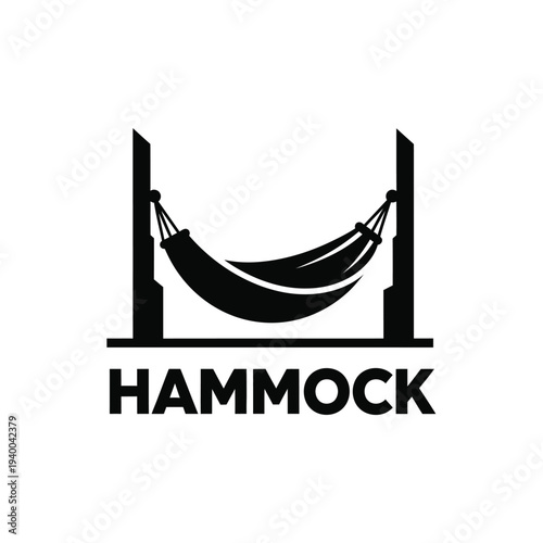 A minimalist black and white graphic depicts a hammock strung between two sturdy posts with the word hammock below high quality professional detailed modern