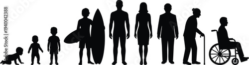 Collection of nine silhouettes showing human life stages from baby to elderly, vector illustration design for aging, development, family, lifestyle, health, and generational concepts.