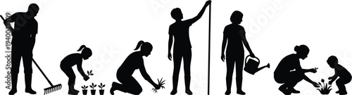 Collection of seven silhouettes of people gardening including raking, planting, weeding, watering, measuring, and tending plants, vector illustration design for outdoor activity, teamwork, nature