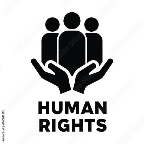 A graphic depicts outstretched hands cradling silhouetted figures of people alongside the bold text human rights below high quality professional detailed modern elegant stylish