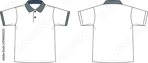 Polo shirt, short sleeves, front view, back view, button placket, contrast collar, fashion CAD, garment sketch, apparel design, technical drawing, menswear basics, textile silhouette