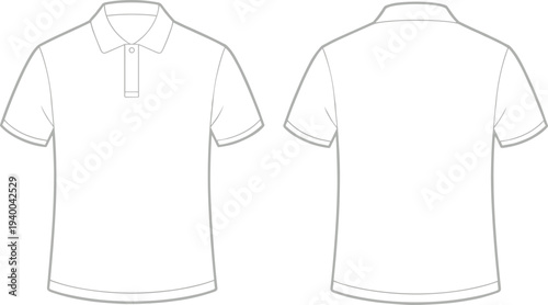 Polo shirt, short sleeves, front view, back view, button placket, fashion CAD, garment sketch, apparel design, technical drawing, menswear basics, textile silhouette, casual wea