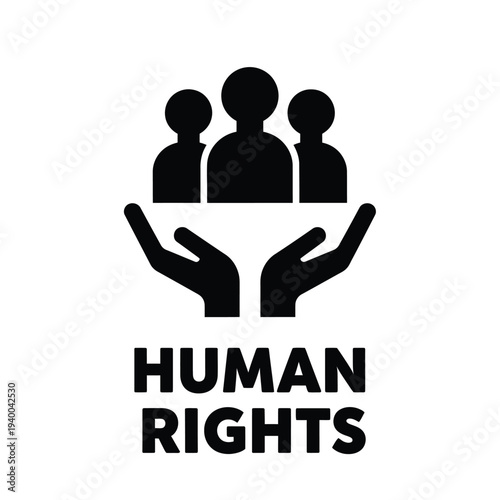 A graphic depicts three silhouetted figures held within open hands accompanied by the bold text human rights below them high quality professional detailed modern