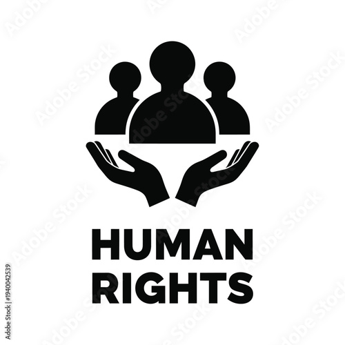 A minimalist graphic depicts three silhouetted figures supported by open hands with the text human rights prominently displayed below high quality professional detailed modern