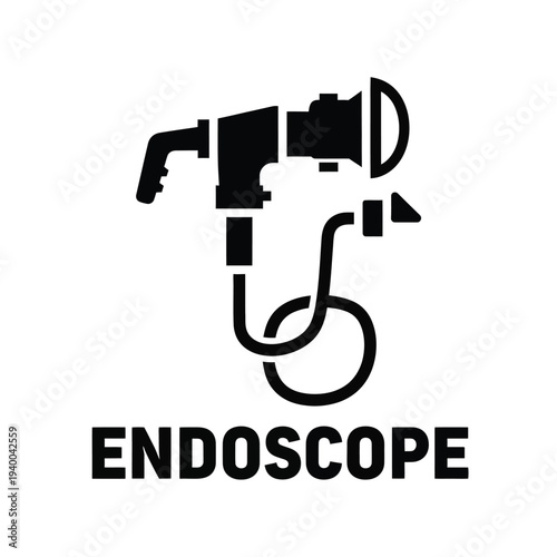 A stark black silhouette depicts a medical endoscope with a curved insertion tube and the word endoscope below high quality professional detailed modern elegant