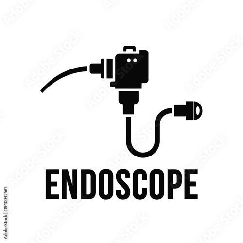 A stylized black and white graphic depicts a medical endoscope with its flexible tube and camera head labeled below high quality professional detailed modern