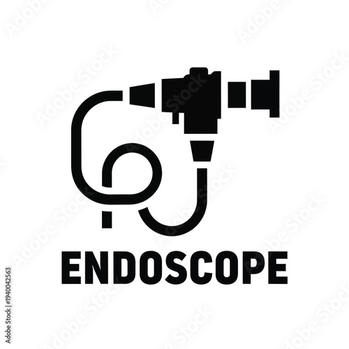A simple black and white graphic depicts an endoscope a medical instrument alongside its prominently displayed name below high quality professional detailed modern elegant stylish clean