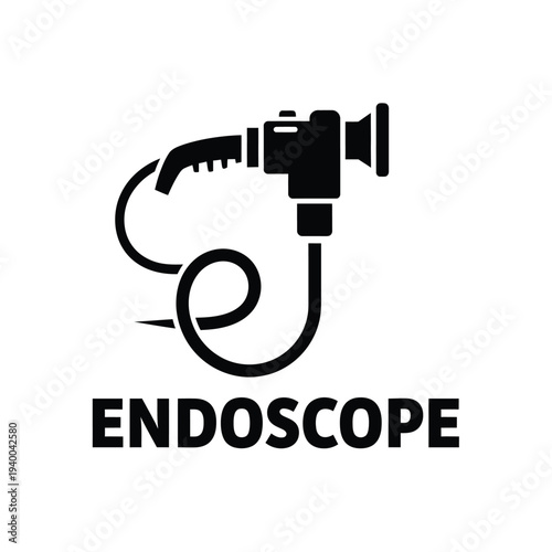 A stylized black silhouette depicts a medical endoscope with a flexible tube and camera labeled clearly below high quality professional detailed modern elegant stylish
