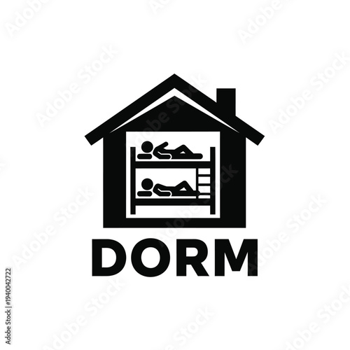 A minimalist black silhouette depicts a house shape containing a bunk bed inside with the word dorm written below high quality professional detailed modern