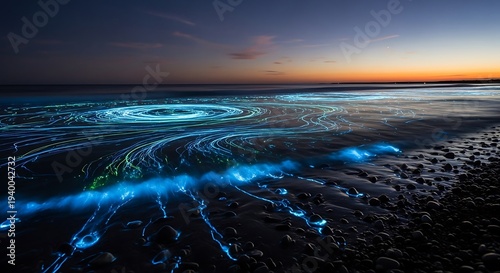 Bioluminescent waves on sandy beach shore.