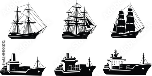 Vintage sailing ships and cargo transport vessels silhouettes set, maritime transport collection, classic sailboats and modern cargo ships vector