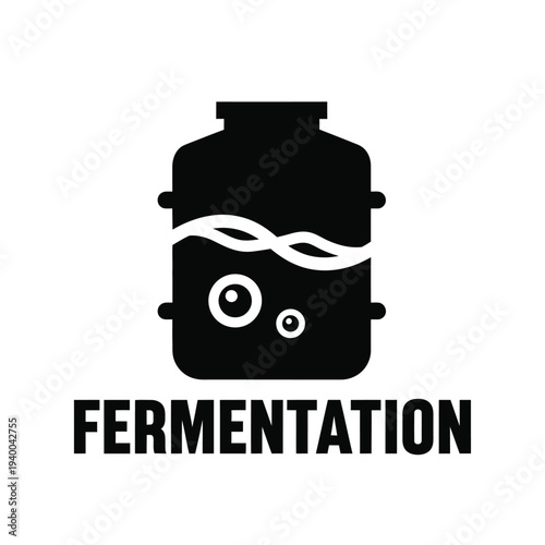 A black silhouette of a fermentation jar with bubbles inside is displayed above the word fermentation in bold text high quality professional detailed modern