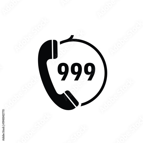 A minimalist black icon depicts a telephone handset encircled by a ring with the bold numbers 999 prominently displayed inside high quality professional detailed